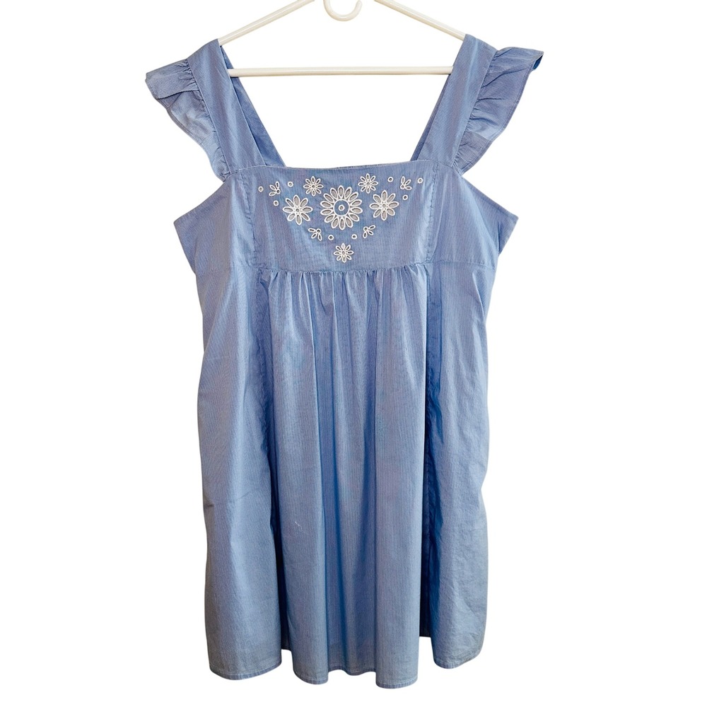 Draper James Women's XL Cotton Blue Pinstripe Embroidered Baby Doll Dress - Picture 2 of 6